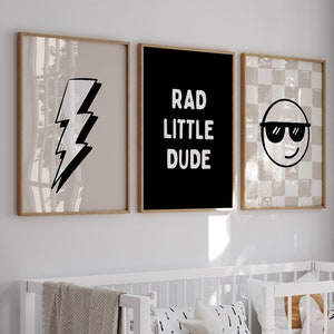 Set Of 3 Prints, Rad Little Dude Print, Checkered Smile Wall Art, Lightning Bolt Print, Black and Tan Art, Trendy Kids Art
