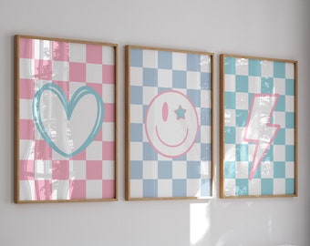 Set of 3 Checkered Prints, Smiley Face Wall Art, Pink, Blue And Teal Tween Wall Art, Lightning Bolt Print, Girls Room Wall Art