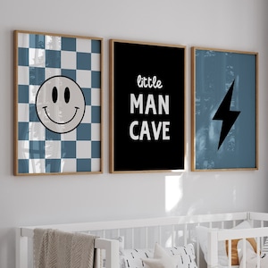 Black And Blue Smiley Face Wall Art, Little Man Cave Print, Checkered Wall Art, Lightning Bolt Print, Boys Room Art, Toddler Room Wall Art