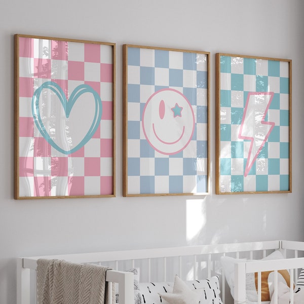 Set of 3 Checkered Prints, Smiley Face Wall Art, Pink, Blue And Teal Tween Wall Art, Lightning Bolt Print, Girls Room Wall Art