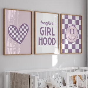 Set of 3 Purple Checkerboard Prints, Printable Wall Art, Trendy Wall Art, Tween Wall Art, Long Live Girlhood Print