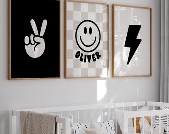 Personalized Boys Wall Art, Set Of 3 Checkerboard Smile Print, Lightning Bolt Wall Art, Nursery Name Sign, Neutral Trendy Boys Art