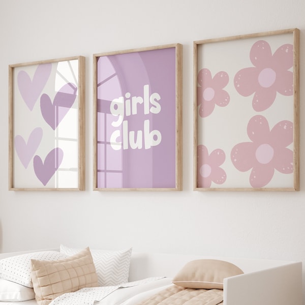 Set of 3 Girls Room Prints, Girls Club Wall Art, Daisy Wall Art, Pink And Purple Prints, Printable Wall Art, Twin Girl Wall Art