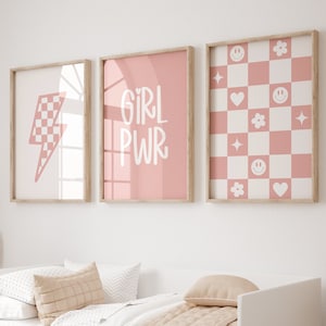 Set of 3 Pink Checkered Prints, Daisy Wall Art, Trendy Wall Art, Little Girls Room Art, Pink Wall Art, Tween Room Decor, Girl Power Art