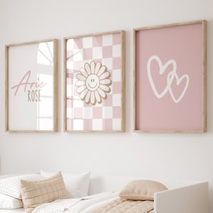 Personalized Daisy Flower Wall Art, Set Of 3 Prints, Blush Pink Checker Prints, Nursery Name Sign, Pink And Gold Art Little Girl Wall Art