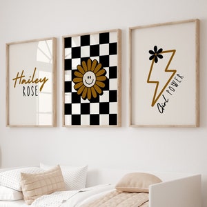 Personalized Girl Power Art Print, Name Sign Art, Set Of 3 Prints, Lightning Bolt, Black And Gold, Checkered Prints, Little Girl Wall Art