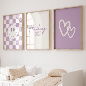 Personalized Lilac Girls Wall Art, Set of 3 Prints (Digital Download)