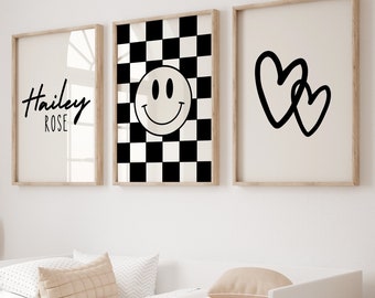 Personalized Girls Checkered Wall Art, Set of 3 (Digital Download)