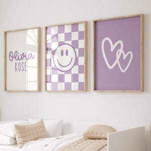 Personalized Checkered Lilac Purple Girls Wall Art, Set Of 3 Prints, Tween Wall Art, Preppy Wall Art, Trendy Girls Heart Wall Art