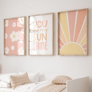 Jesteś moim Sunshine Girls Wall Art, Zestaw 3 Wydruków, Różowa i Pomarańczowa Stokrotka Wall Art, Mała Dziewczynka Wall Art, Dziecięca Sun Burst Wall Art