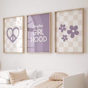 Purple Checkerboard Print, Long Live Girlhood Print, Printable Wall Art, Peace Sign Wall Art, Trendy Wall Art, Nursery Wall Art, Girl Power