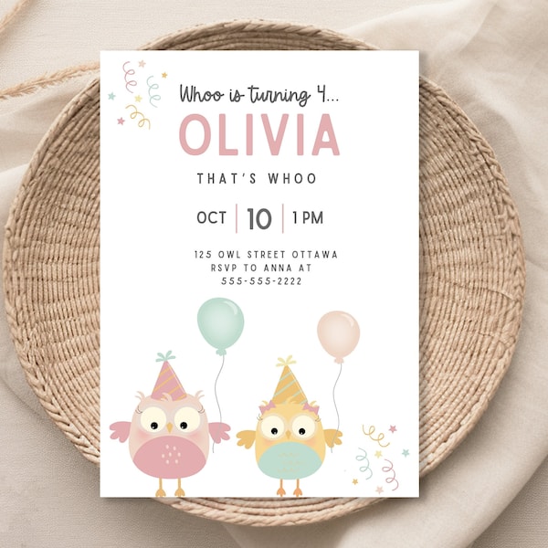 Girls Custom Birthday Invitation, Whoo Is Turning, Cute Owl Party, Girls Birthday, Animal Birthday Invite, Printable Birthday Invitation