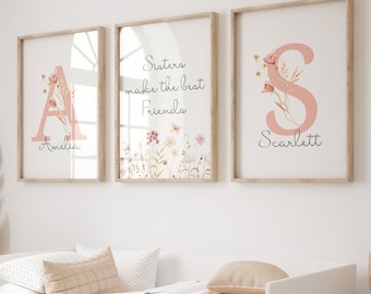 Sisters Wildflower Prints, Personalized Name Art, Boho Kids Room (Digital Download)
