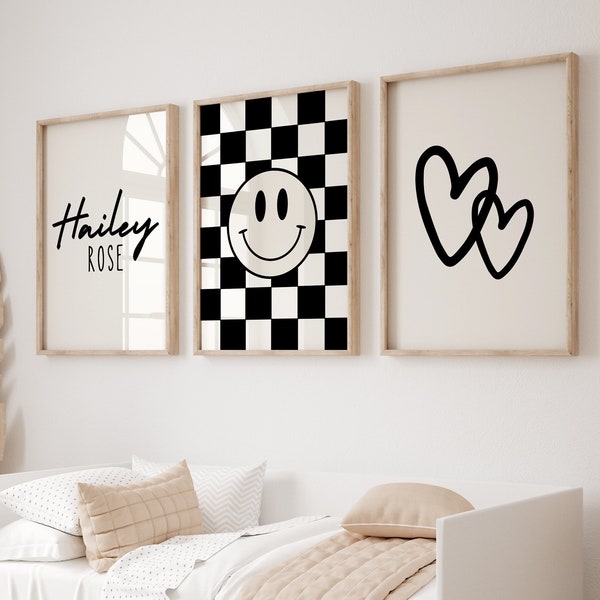 Personalized Smiley Face Girls Wall Art, Set Of 3 Prints, Tween Wall Art, Black and White Checkered Poster, Trendy Prints, Name Sign Art