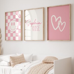 Art mural personnalisé pour fille rose pâle, lot de 3 impressions, art mural coeurs d'adolescent, affiche sourire damier, art mural fillette tendance, nom signe artistique
