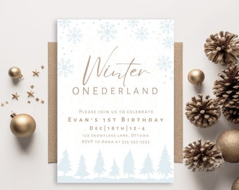 Winter Onederland Invitation, 1st Birthday Winter Invitation, Printable Birthday Invitation, Winter Birthday Invitation, Blue And Gold