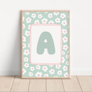 Personalisierte rosa und grüne Mädchen Wandkunst, Namensschild Poster, Gänseblümchen Wandkunst, Trendige Mädchen Drucke, Blase Buchstabe Druck, Mädchen Spielzimmer Kunst