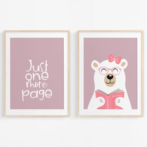 Just One More Page Bear-Girls Room-Typography-Classroom Wall Art-Cute Bear-Playroom-Reading Nook-Pink-Learning-Library Art-Printable Art