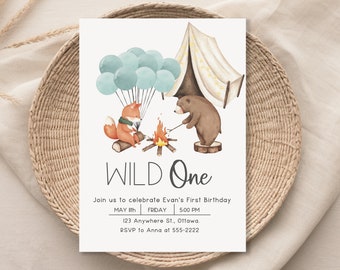 Wild One Birthday Einladung, Waldtiere, erster Geburtstag (Digital)