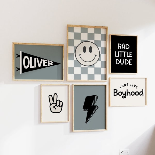 Personalized Smiley Face Boys Wall Art, Set Of 6 Prints, Pennant Flag Name, Nursery Name Sign, Checkered Poster Set, Lightning Bolt Art