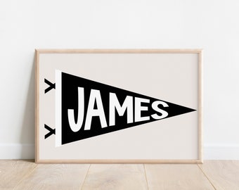 Nursery Name Sign, Personalized Pennant Flag Boys Wall Art, Black and White Art, Cool Wall Art, Toddler Boy Wall Decor