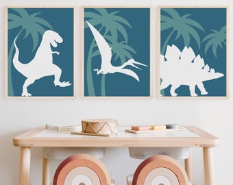 Dinosaur Wall Art -Boys Room- Printable Wall Decor -Neutral Room Wall Art - Green-Blue-Playroom Wall Art -Boys Room Decor- Three Dinos- JPG
