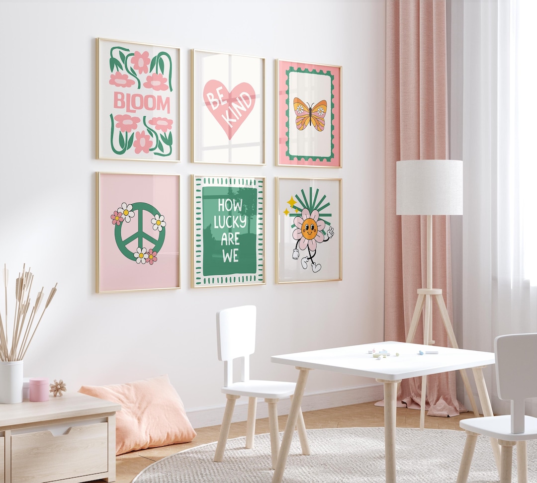 Retro Pink Green Dorm Art Prints, Set...