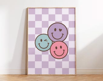Retro kunst aan de muur met paarse geruite glimlach, tween Girls Room (digitale download)