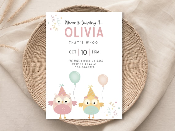 Girls Owl Birthday Invitation, Custom Party Invite (Printable Invite)