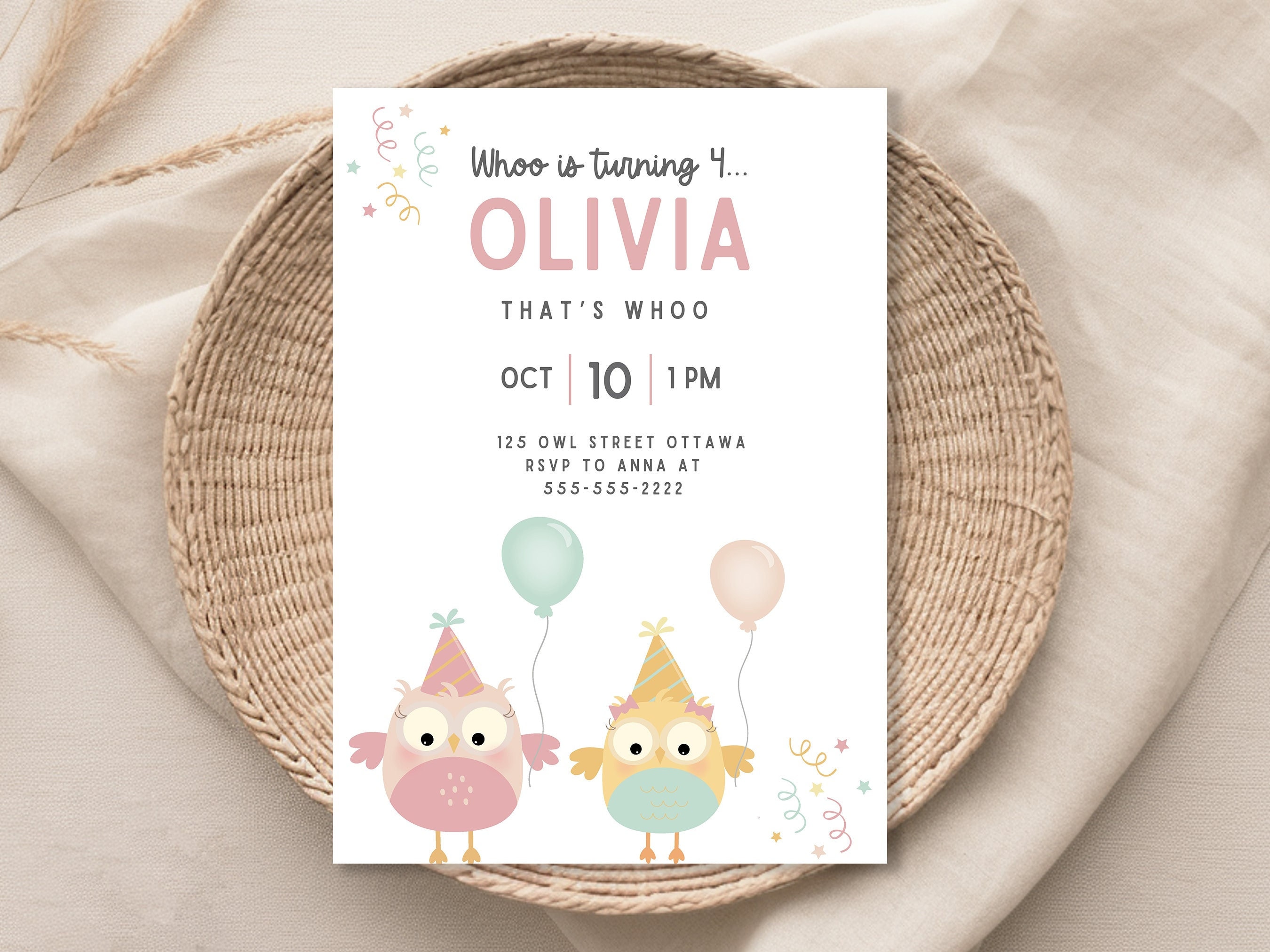 Girls Owl Birthday Invitation, Custom Party Invite (Printable Invite)