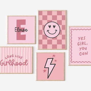 Set Of 5 Personalized Pink and Black Retro Prints, Checkered Smile Art, Yes Girl, You Can Print, Aesthetic Girls Gallery Wall Art Set