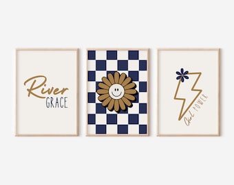 Personalized Girl Power Art Prints, Navy Gold Lightning Bolt, Set of 3 (Digital Download)