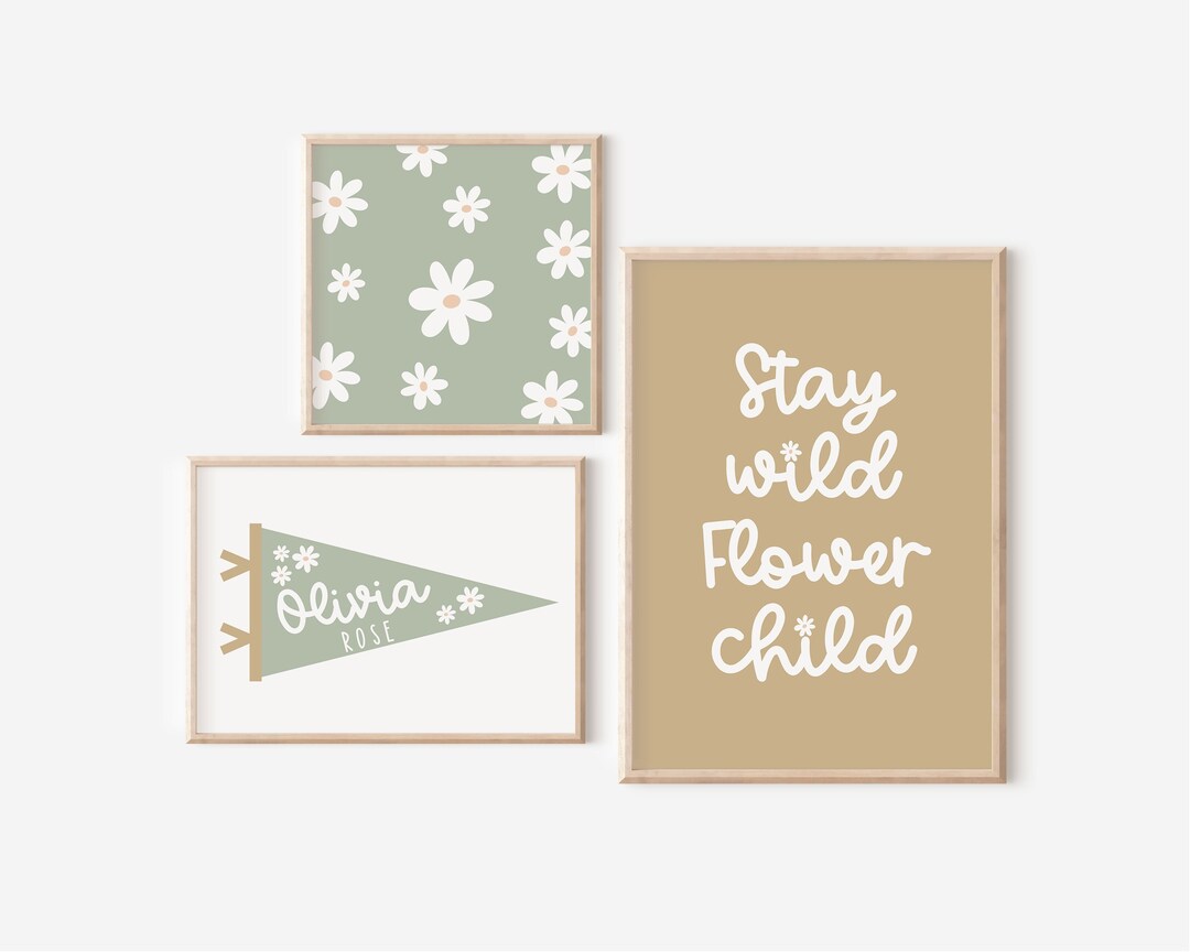 Personalized Daisy Print Set, Sage Green Nursery Decor (digital ...