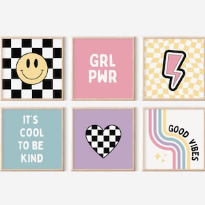 Juego de 6 cuadros de Girl Power Art, impresión infantil de buenas vibras de arcoíris, arte de pared moderno, arte moderno para habitación de niñas preadolescentes, es genial ser amable