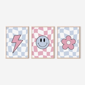 Checkered Tween Wall Art, Pink And Blue Checkered Poster, Lightning Bolt, Kids Daisy Wall Art, Printable Wall Art, Girls Room Wall Art
