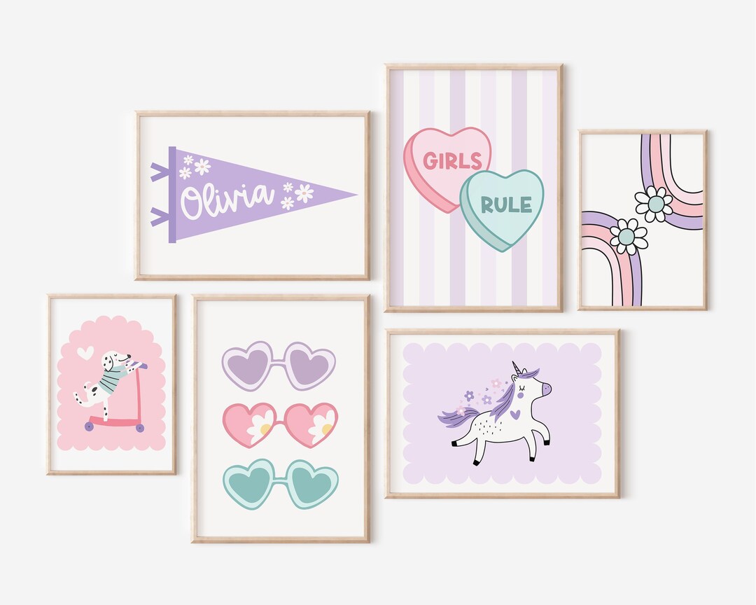 Colourful Girls Gallery Wall Art Set, Personalized Room Decor (set of 6 ...