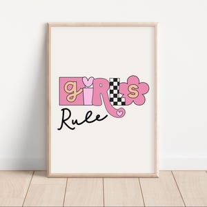 Girls Rule Single Print,  Preppy Pink Wall Art, Printable Wall Art, Retro Trendy Girls Wall Decor, Checkered Tween Wall Art, Girl Power Art