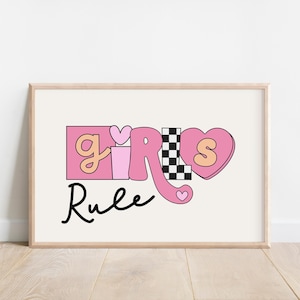 Preppy Girls Rule Print, Pink Wall Art, Printable Wall Art, Trendy Retro Girls Wall Decor, Checkered Tween Wall Art, Girl Power Print