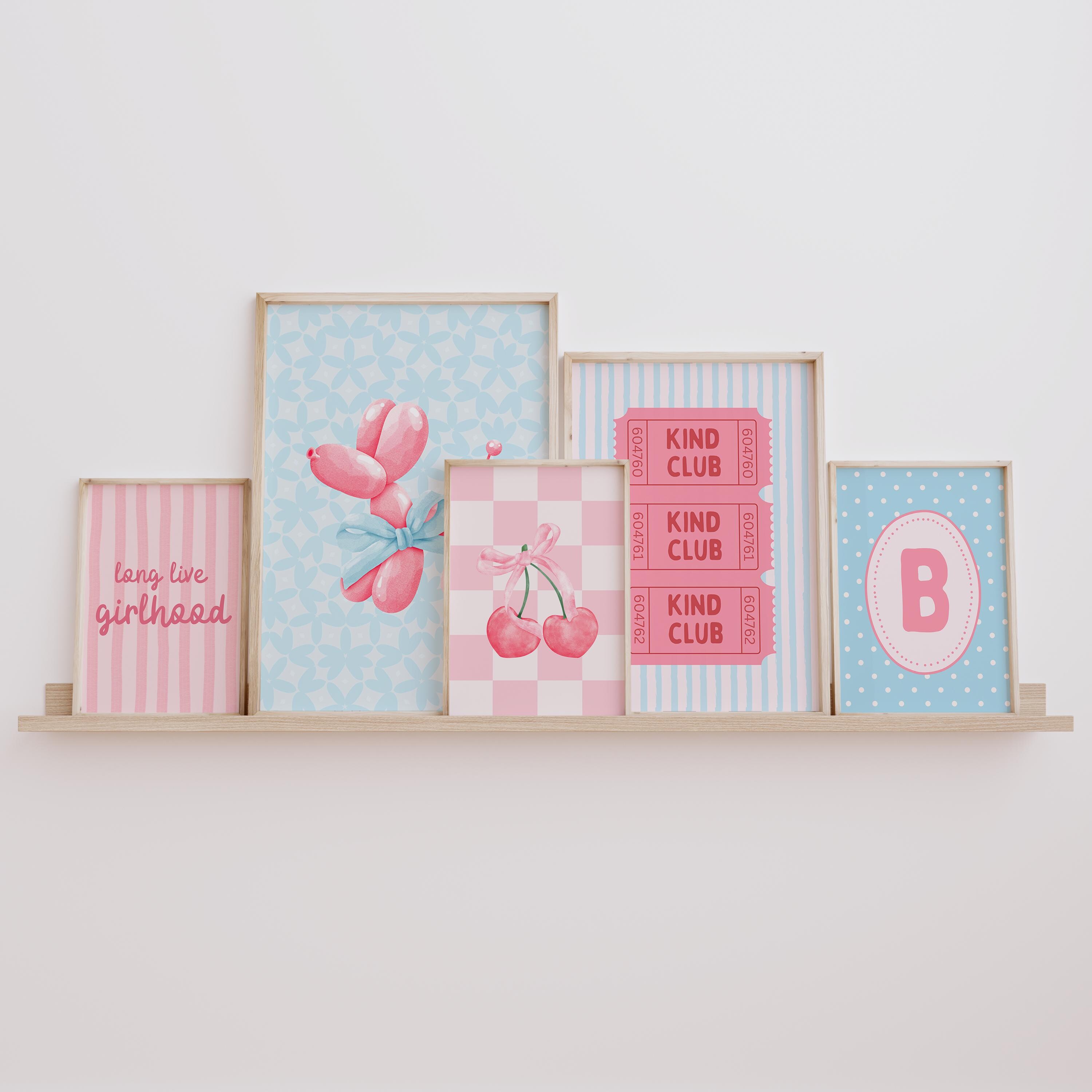 Set Of 5 Personalized Preppy Pink And Blue Gallery Wall Art Set, Retro Ticket Print, Aesthetic Striped Art, Nursery Name Sign, Tween Room