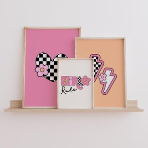 Set Of 3 Girls Rule Prints, Preppy Pink Wall Art, Printable Wall Art, Retro Trendy Girls Lightning Bolt Wall Art, Checkered Daisy Wall Art