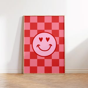 Pink And Red Checkered Smile Print, Tween Girls Wall Art, Trendy Wall Art, Pink Bedroom Gallery Wall Art, Retro Girls Wall Decor