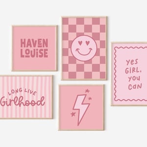 Set Of 5 Personalized Pink Retro Prints, Yes Girl, You Can Print, Playful Font Name Signs, Aesthetic Girls Gallery Wall, Checkered Smile Art