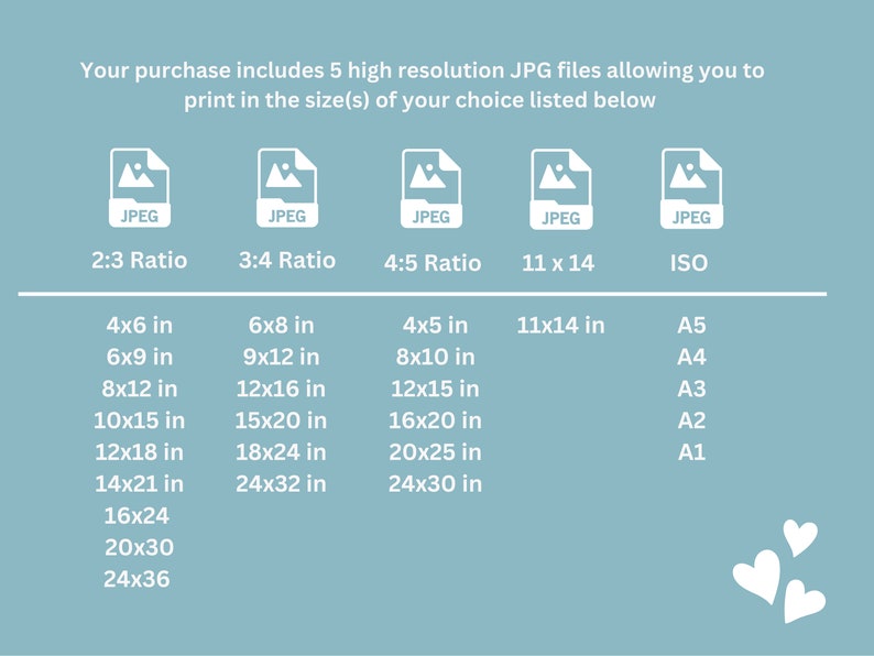 May include: A chart showing different print sizes for digital images in inches. The chart includes five columns: 2:3 Ratio, 3:4 Ratio, 4:5 Ratio, 11 x 14, and ISO. Each column lists different print sizes in inches. The chart is on a light blue background.