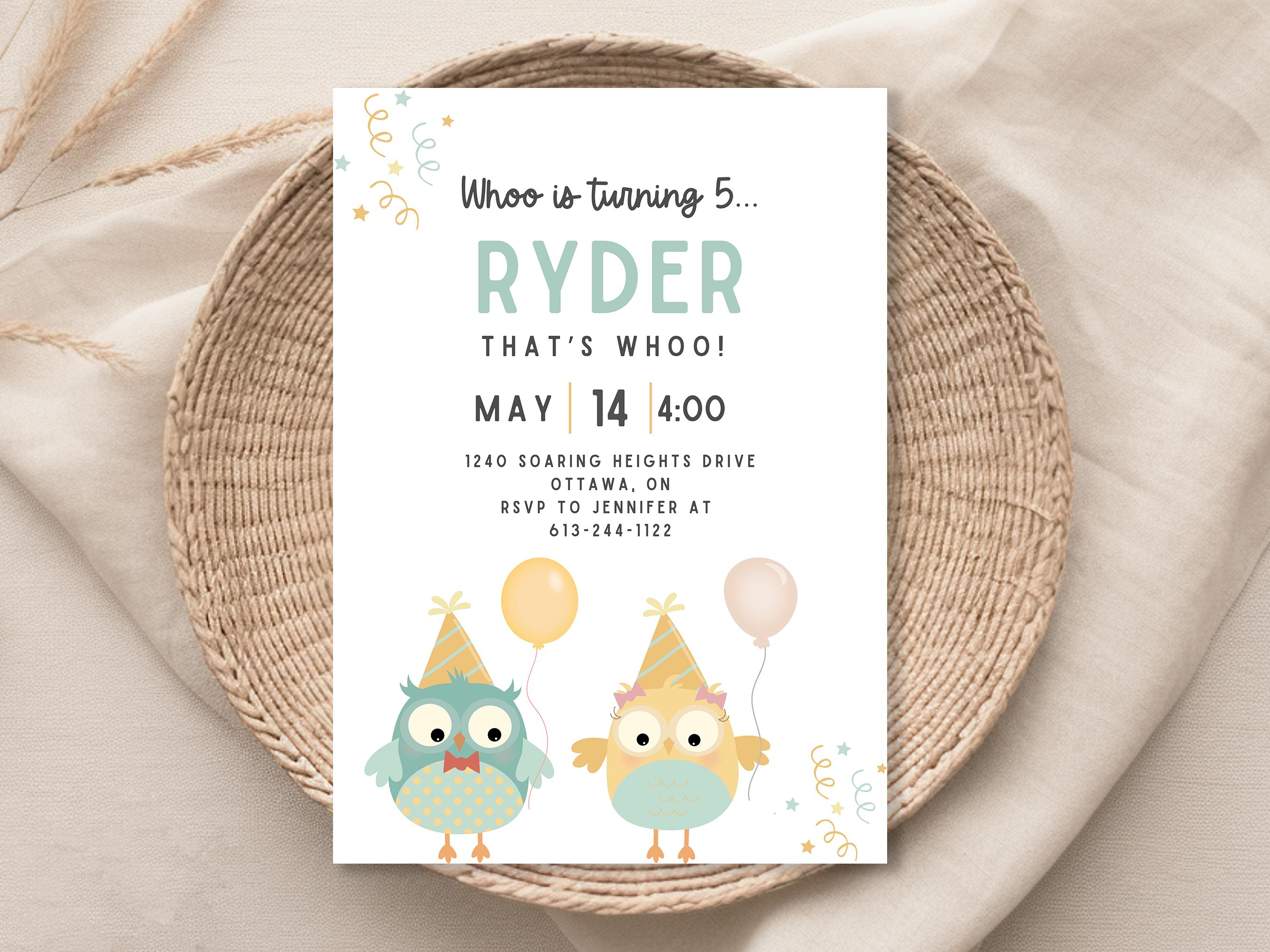 Owl Birthday Invitation, Gender Neutral Party, Printable Invite (JPEG)