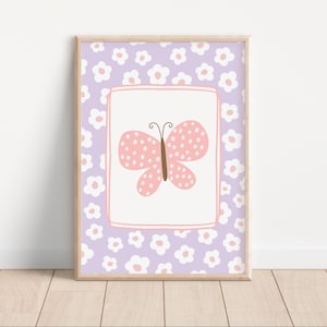 Pastel Pink And Purple Butterfly Wall Art, Little Girls Daisy Wall Art, Printable Wall Art, Trendy Kids Art, Geometric Playroom Print