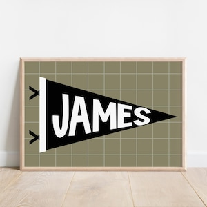 Personalized Green Pennant Flag Boys Wall Art, Nursery Name Sign, Checkered Name Print, Cool Wall Art, Toddler Boy Wall Decor
