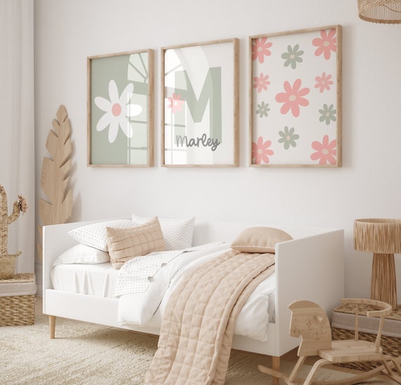 Set Of 3 Personalized Sage And Pink Daisy Prints, Printable Wall Art