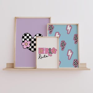 Set Of 3 Girls Rule Prints, Preppy Pink Wall Art, Blue Printable Wall Art, Retro Trendy Girls Lightning Bolt Print, Checkered Daisy Wall Art