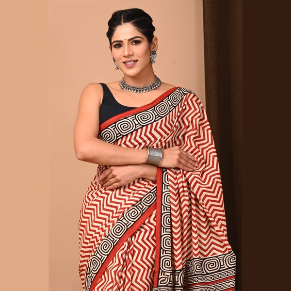 Rajasthani Traditional BAGRU(Natural dye) PRINTED saree, for office working women's, Saree for women, saree made up of complete cotton.