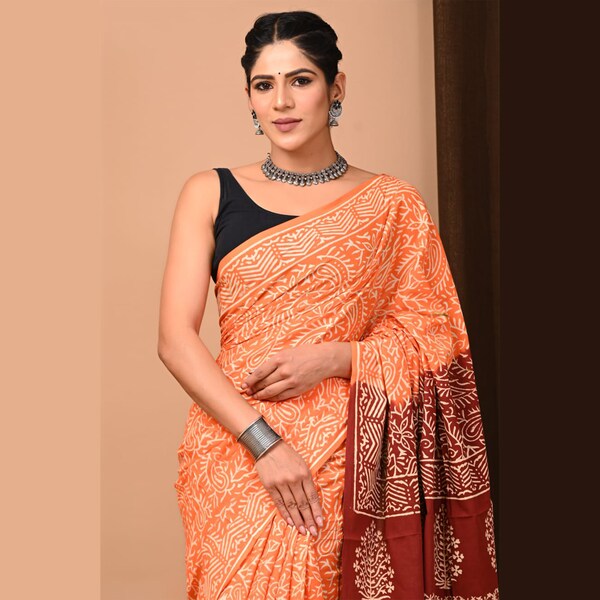 Rajasthani Traditional BAGRU(Natural dye) PRINTED saree, for office working women's, Saree for women, saree made up of complete cotton.